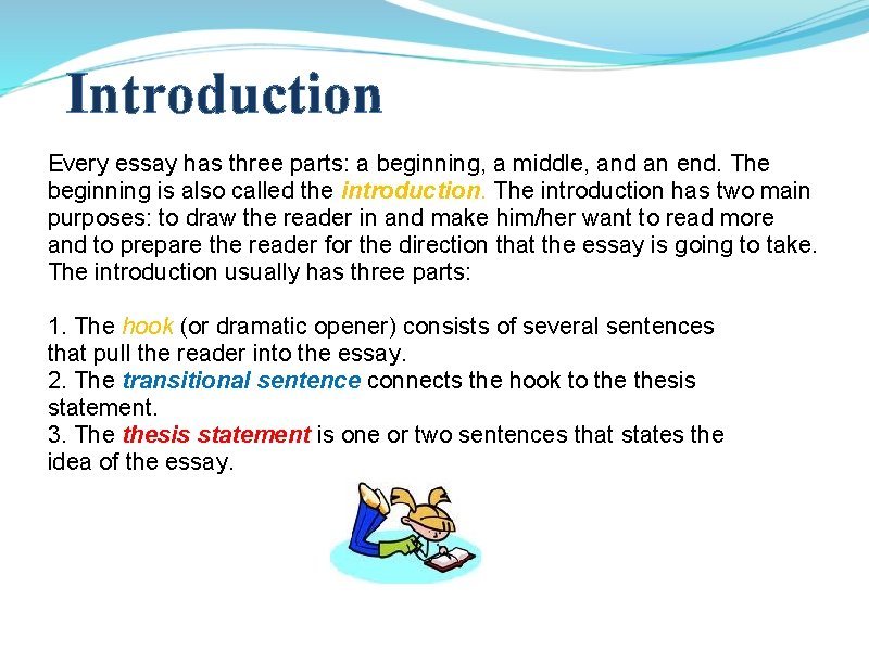 Introduction Every essay has three parts: a beginning, a middle, and an end. The