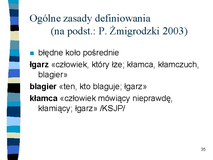 Ogólne zasady definiowania (na podst. : P. Żmigrodzki 2003) błędne koło pośrednie łgarz «człowiek,