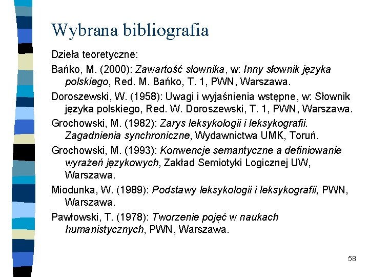 Wybrana bibliografia Dzieła teoretyczne: Bańko, M. (2000): Zawartość słownika, w: Inny słownik języka polskiego,