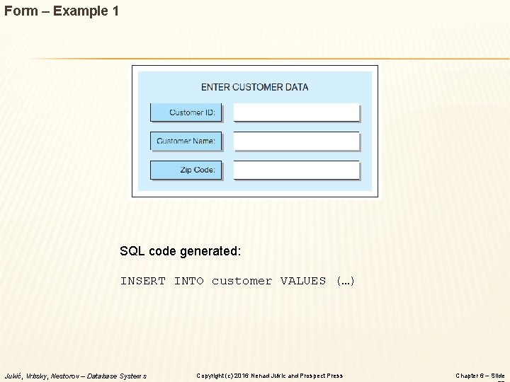Form – Example 1 SQL code generated: INSERT INTO customer VALUES (…) Jukić, Vrbsky,