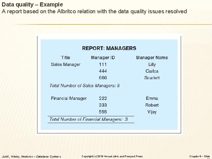 Data quality – Example A report based on the Albritco relation with the data