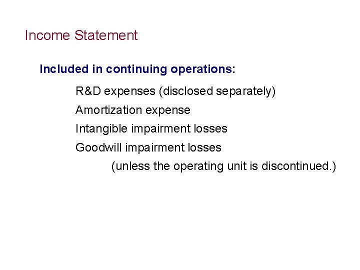 Income Statement Included in continuing operations: R&D expenses (disclosed separately) Amortization expense Intangible impairment