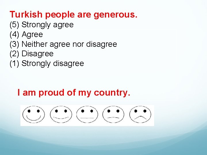 Turkish people are generous. (5) Strongly agree (4) Agree (3) Neither agree nor disagree