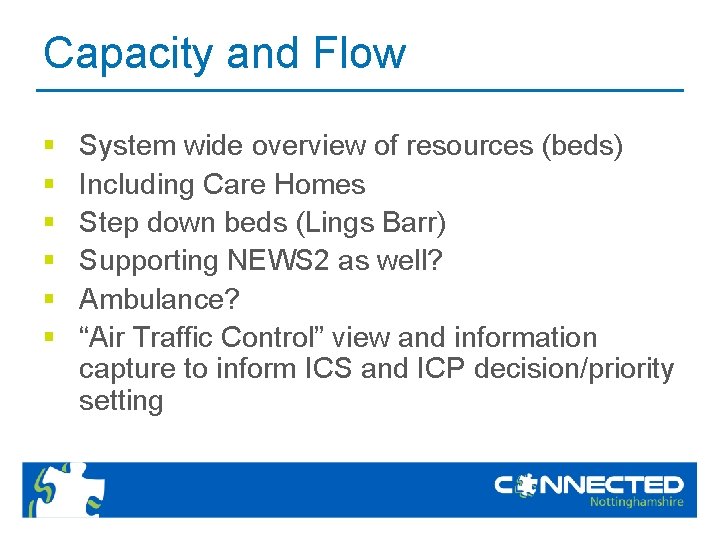 Capacity and Flow § § § System wide overview of resources (beds) Including Care