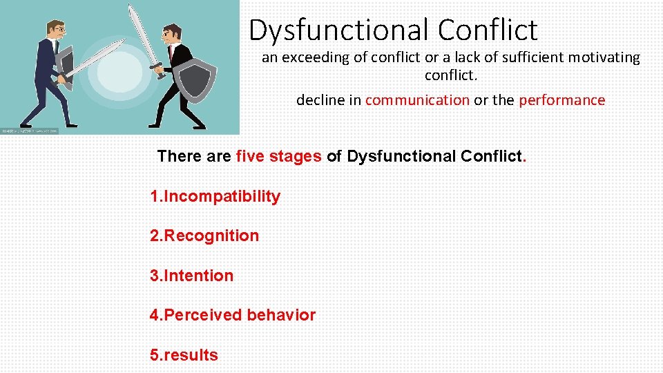 Dysfunctional Conflict an exceeding of conflict or a lack of sufficient motivating conflict. decline