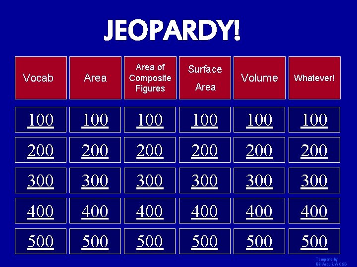 JEOPARDY! Vocab Area of Composite Figures 100 100 200 300 Surface Volume Whatever! 100