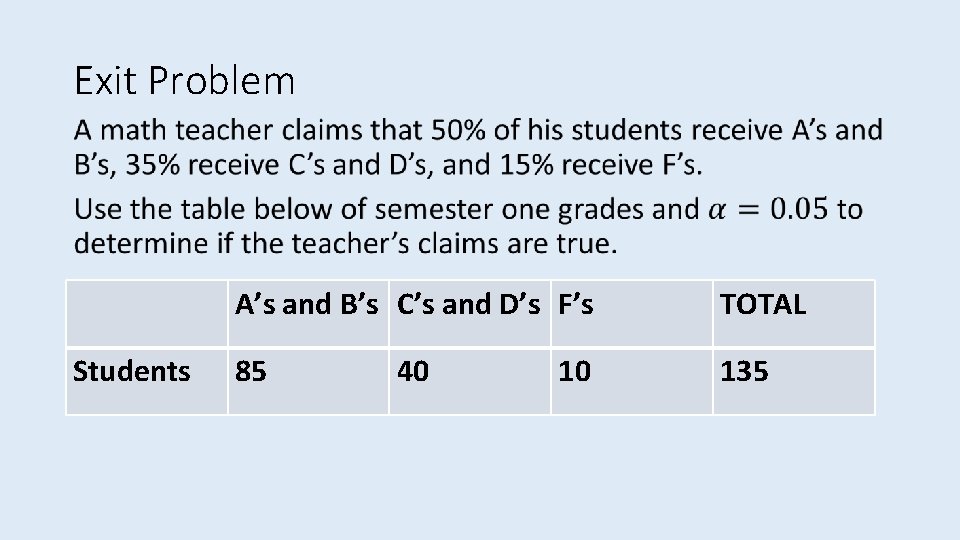 Exit Problem • Students A’s and B’s C’s and D’s F’s TOTAL 85 135 Exit Problem • Students A’s and B’s C’s and D’s F’s TOTAL 85 135