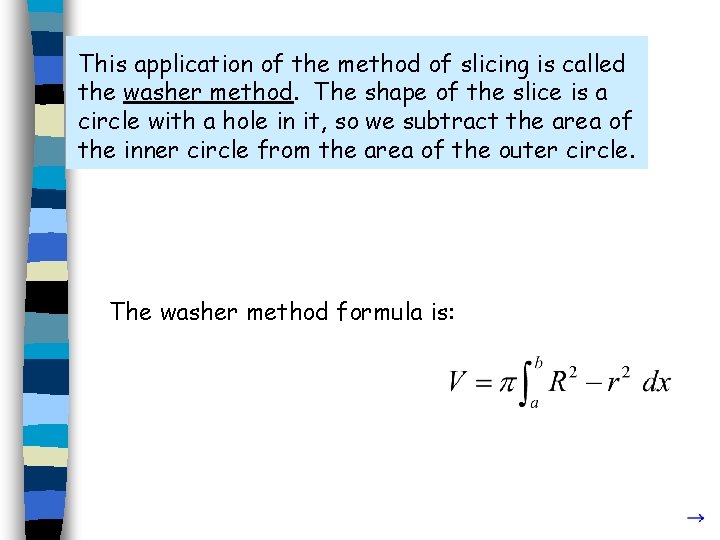 This application of the method of slicing is called the washer method. The shape