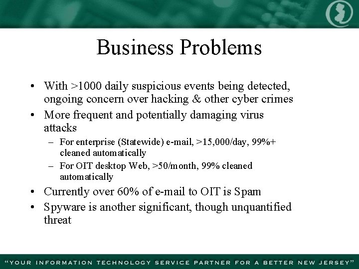 Business Problems • With >1000 daily suspicious events being detected, ongoing concern over hacking