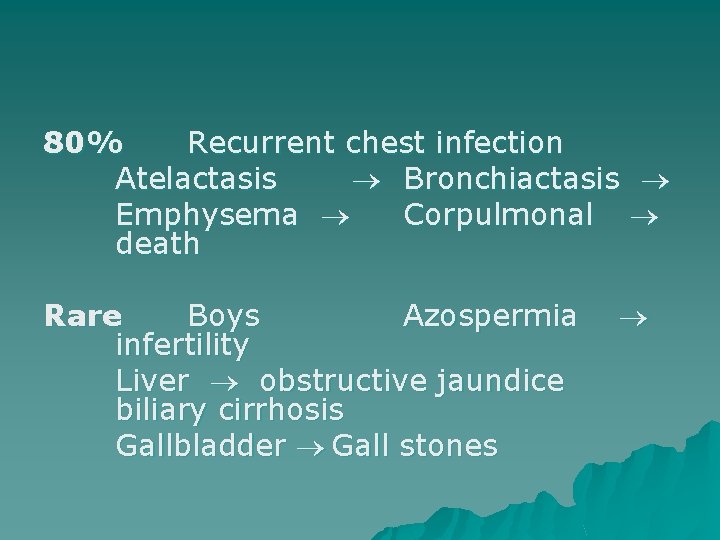 80% Recurrent chest infection Atelactasis Bronchiactasis Emphysema Corpulmonal death Rare Boys Azospermia infertility Liver