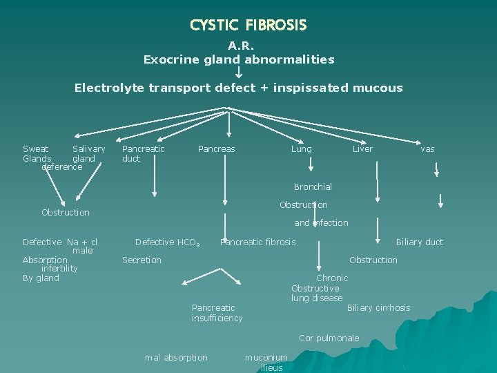 CYSTIC FIBROSIS A. R. Exocrine gland abnormalities Electrolyte transport defect + inspissated mucous Sweat