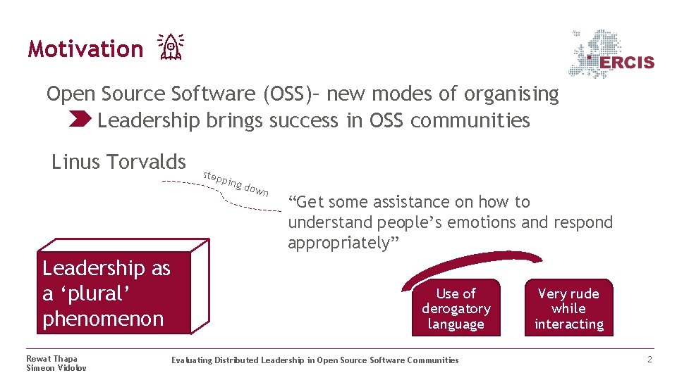 Motivation Open Source Software (OSS)– new modes of organising Leadership brings success in OSS