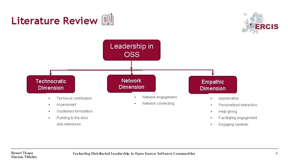 Literature Review Leadership in OSS Network Dimension Technocratic Dimension Rewat Thapa Simeon Vidolov Empathic