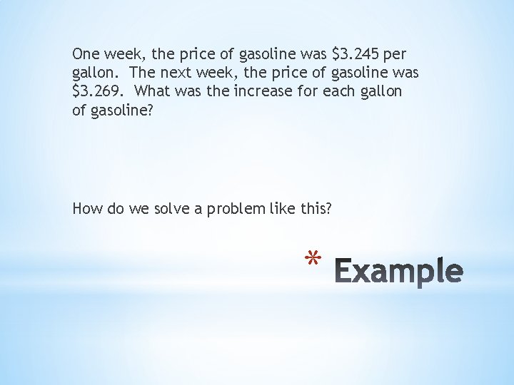 One week, the price of gasoline was $3. 245 per gallon. The next week,