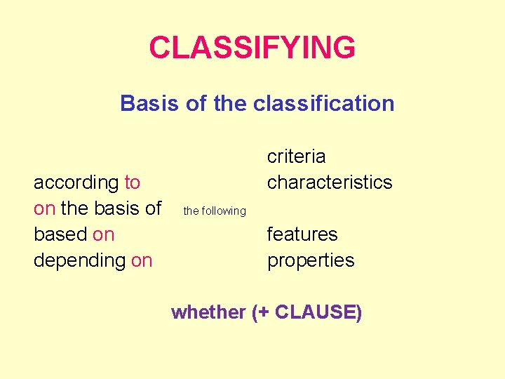 CLASSIFYING Basis of the classification according to on the basis of based on depending