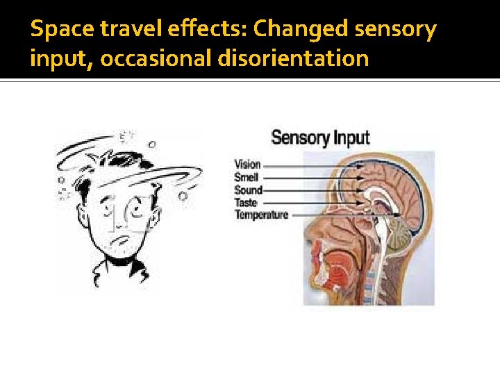 Space travel effects: Changed sensory input, occasional disorientation 