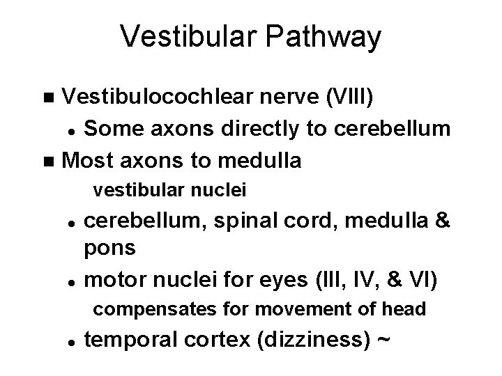 Vestibular Pathway Vestibulocochlear nerve (VIII) l Some axons directly to cerebellum n Most axons