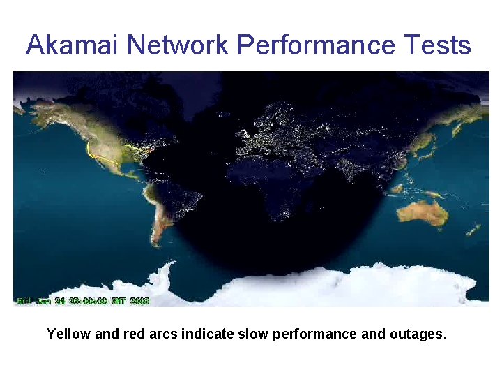 Akamai Network Performance Tests Yellow and red arcs indicate slow performance and outages. 