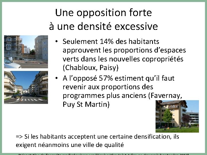 Une opposition forte à une densité excessive • Seulement 14% des habitants approuvent les