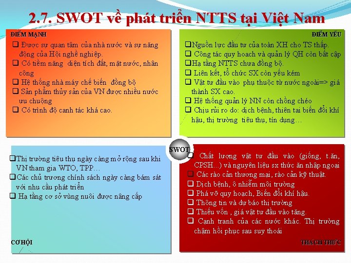 2. 7. SWOT về phát triển NTTS tại Việt Nam ĐIÊ M MA NH