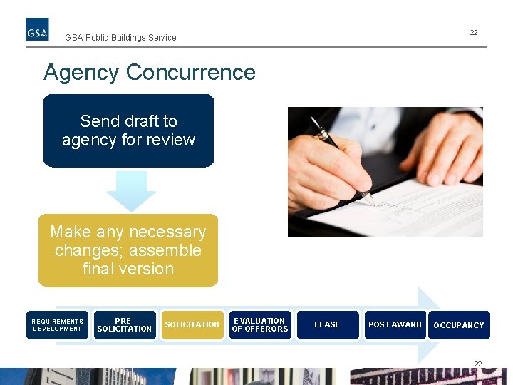 22 GSA Public Buildings Service Agency Concurrence Send draft to agency for review Make