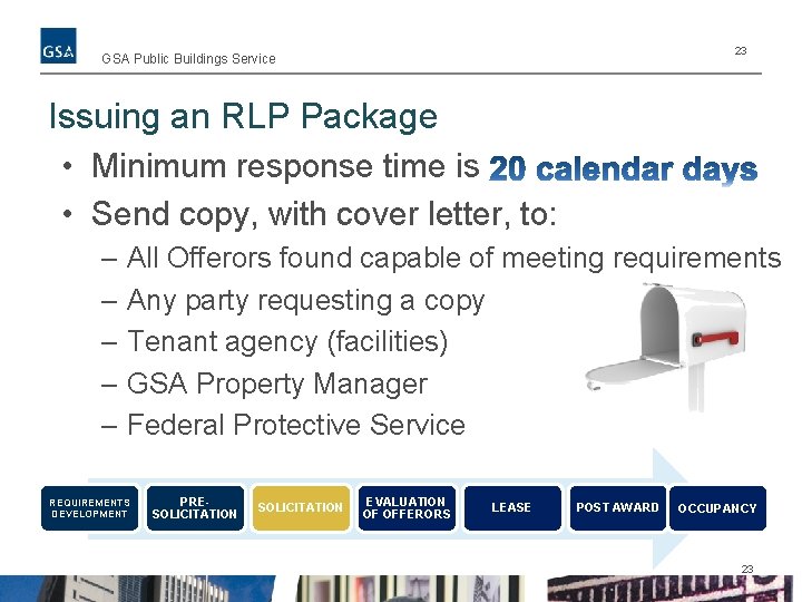 23 GSA Public Buildings Service Issuing an RLP Package • Minimum response time is