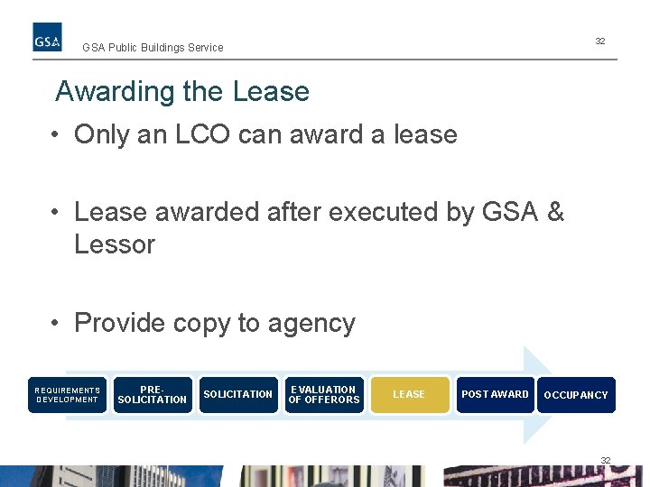 32 GSA Public Buildings Service Awarding the Lease • Only an LCO can award