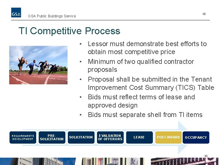 40 GSA Public Buildings Service TI Competitive Process • Lessor must demonstrate best efforts