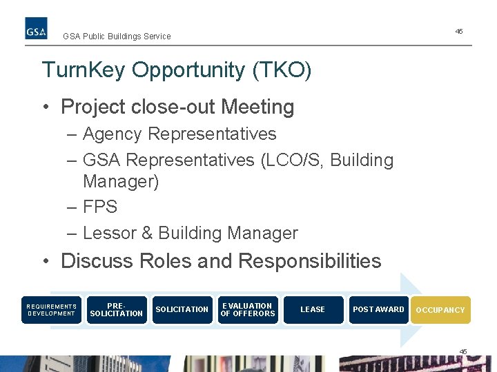 45 GSA Public Buildings Service Turn. Key Opportunity (TKO) • Project close-out Meeting –