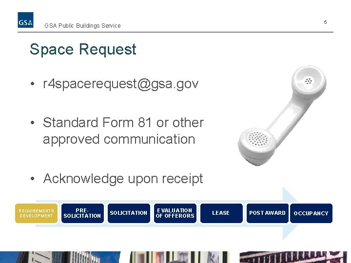 5 GSA Public Buildings Service Space Request • r 4 spacerequest@gsa. gov • Standard