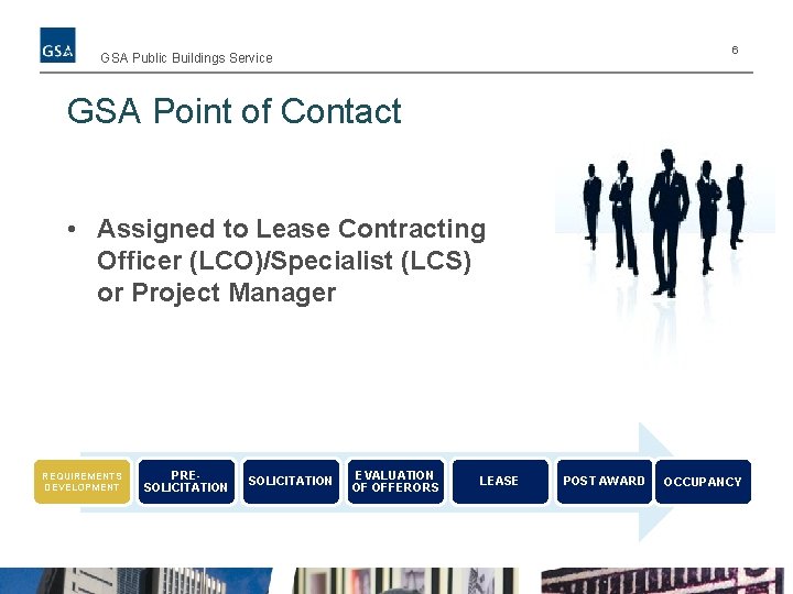 6 GSA Public Buildings Service GSA Point of Contact • Assigned to Lease Contracting