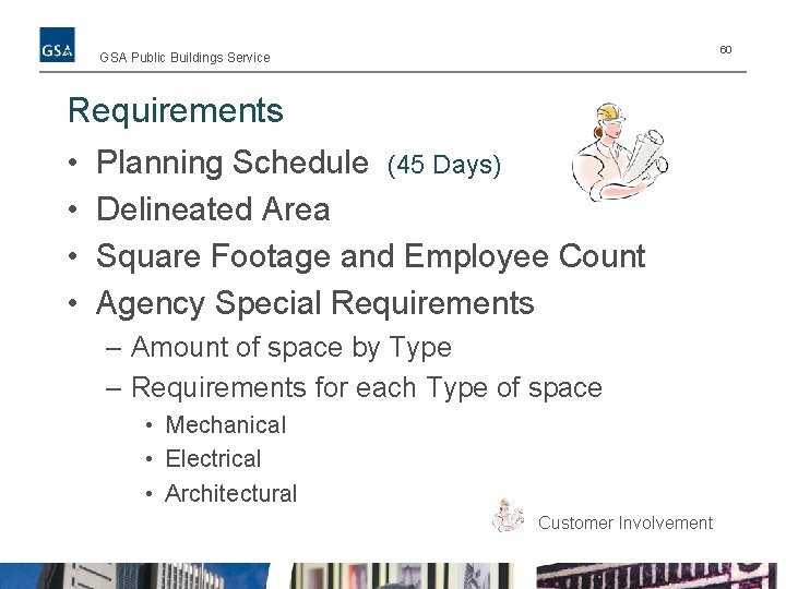 60 GSA Public Buildings Service Requirements • Planning Schedule (45 Days) • Delineated Area