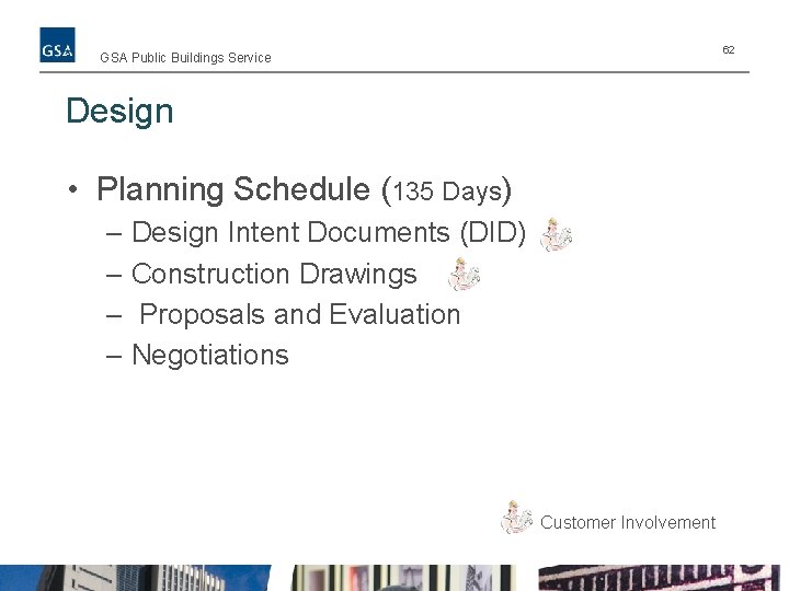 62 GSA Public Buildings Service Design • Planning Schedule (135 Days) – Design Intent