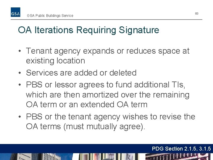 83 GSA Public Buildings Service OA Iterations Requiring Signature • Tenant agency expands or