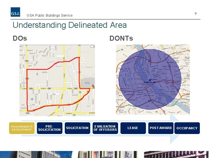 9 GSA Public Buildings Service Understanding Delineated Area DOs REQUIREMENTS DEVELOPMENT DONTs PRESOLICITATION EVALUATION
