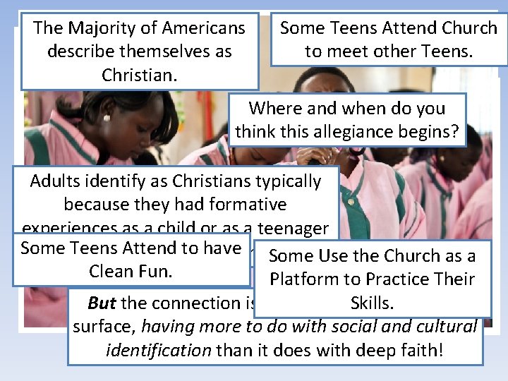 The Majority of Americans describe themselves as Christian. Some Teens Attend Church to meet