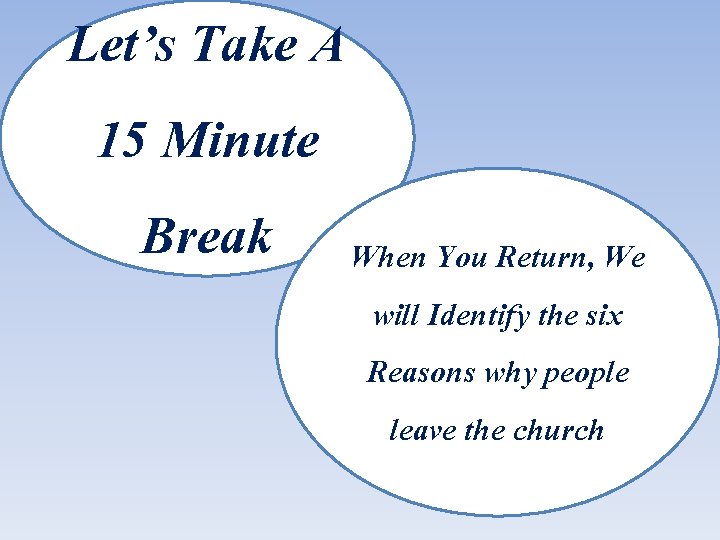 Let’s Take A 15 Minute Break When You Return, We will Identify the six