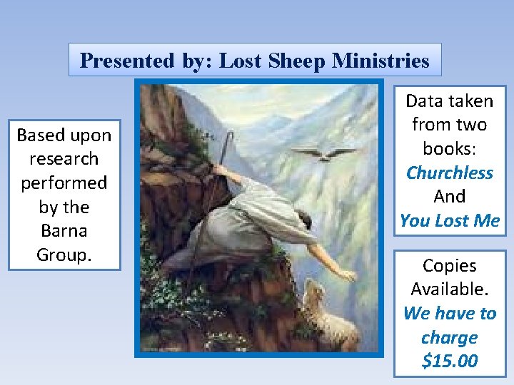 Presented by: Lost Sheep Ministries Based upon research performed by the Barna Group. Data
