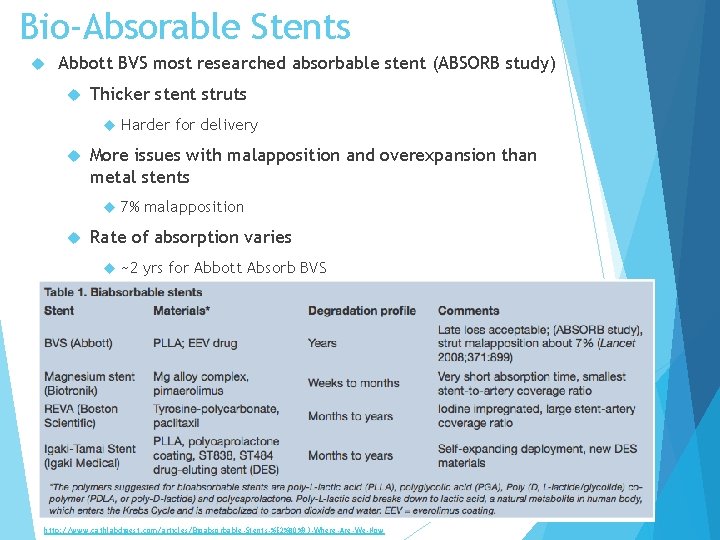 Bio-Absorable Stents Abbott BVS most researched absorbable stent (ABSORB study) Thicker stent struts More