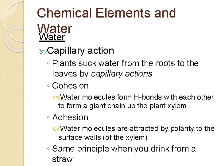 Chemical Elements and Water Capillary action ◦ Plants suck water from the roots to