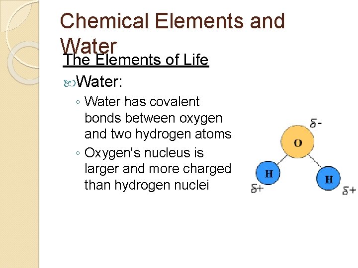 Chemical Elements and Water The Elements of Life Water: ◦ Water has covalent bonds