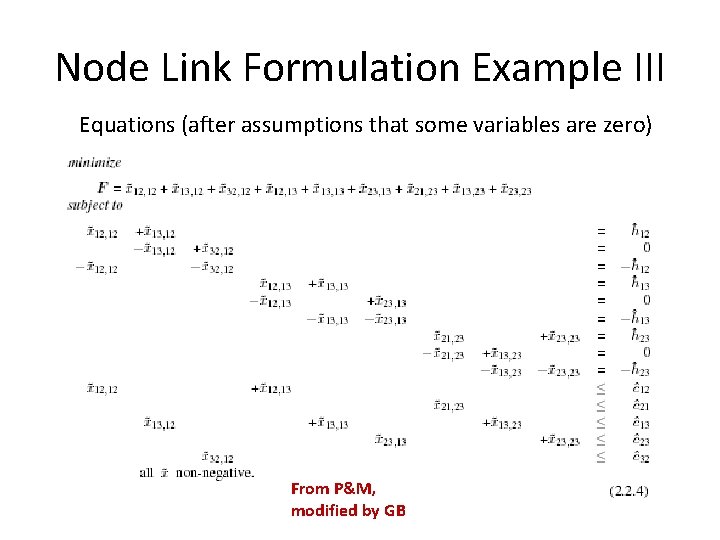 Node Link Formulation Example III Equations (after assumptions that some variables are zero) From