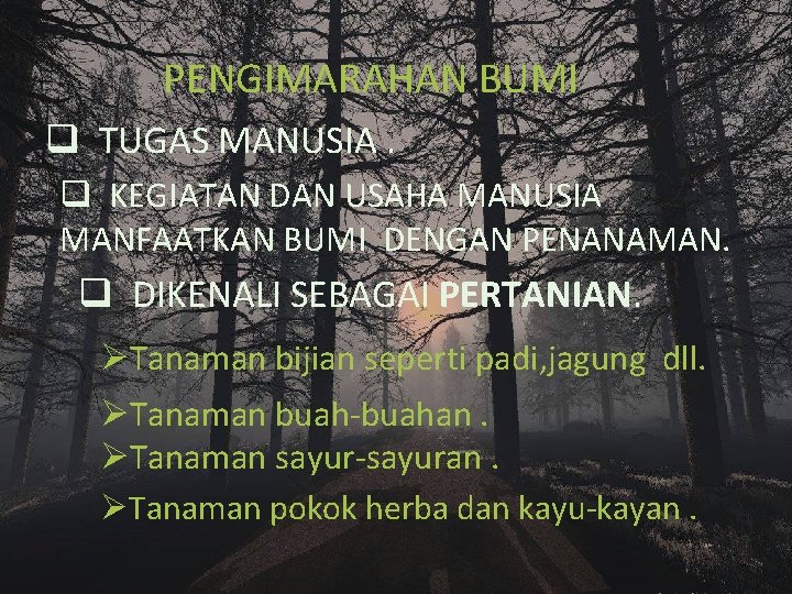 PENGIMARAHAN BUMI q TUGAS MANUSIA. q KEGIATAN DAN USAHA MANUSIA MANFAATKAN BUMI DENGAN PENANAMAN.