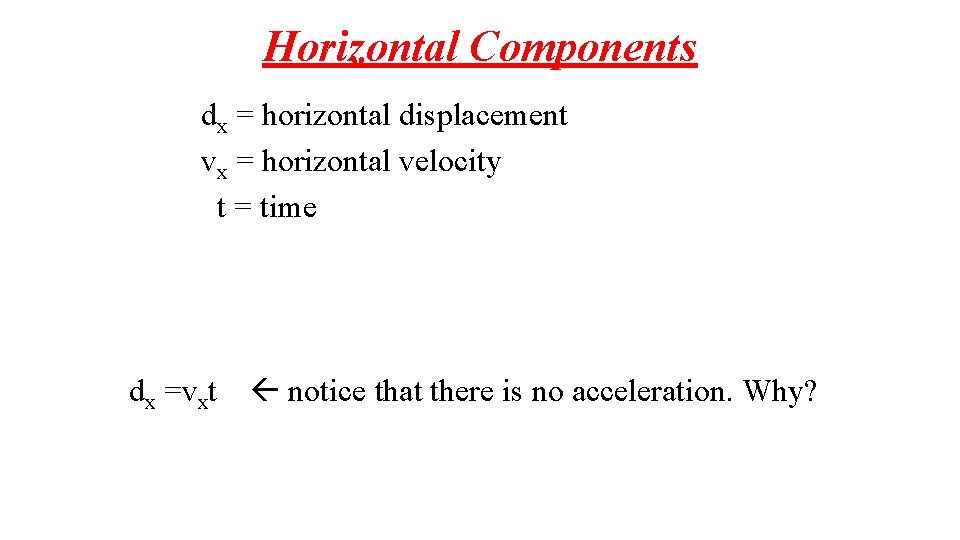 Horizontal Components dx = horizontal displacement vx = horizontal velocity t = time dx
