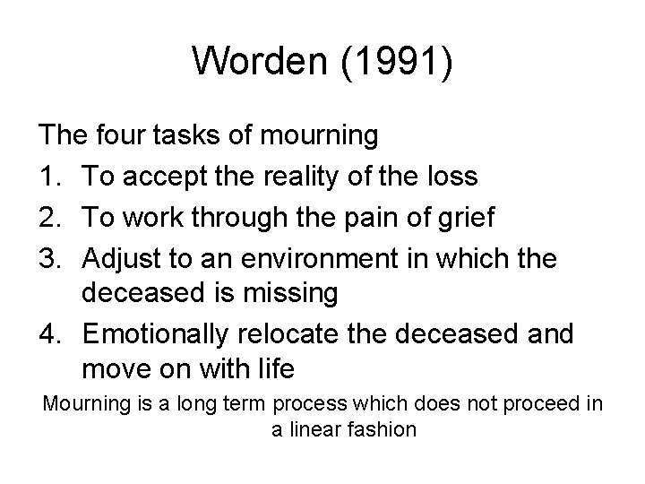 Worden (1991) The four tasks of mourning 1. To accept the reality of the