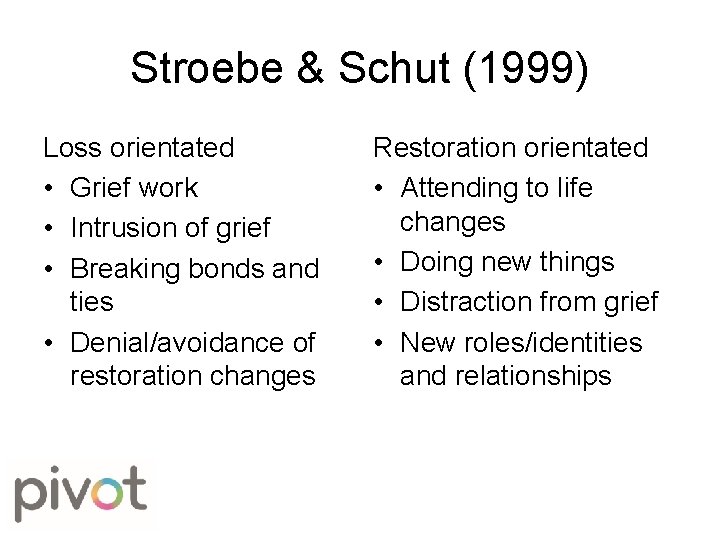 Stroebe & Schut (1999) Loss orientated • Grief work • Intrusion of grief •