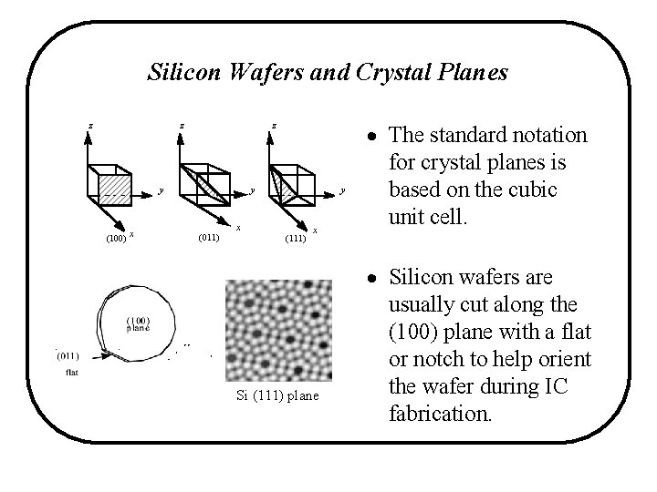 Silicon Wafers and Crystal Planes z z z y (100) x y (011) y
