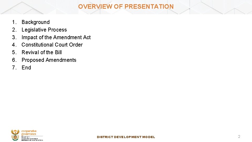OVERVIEW OF PRESENTATION 1. 2. 3. 4. 5. 6. 7. Background Legislative Process Impact