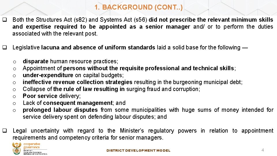 1. BACKGROUND (CONT. . ) q Both the Structures Act (s 82) and Systems