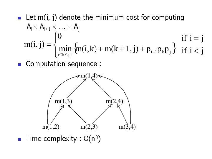 n Let m(i, j) denote the minimum cost for computing Ai Ai+1 … Aj